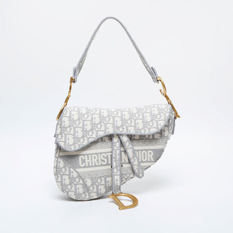Christian Dior Oblique Embroidered Diary Canvas Saddlebag Shoulder Bag white WS21306