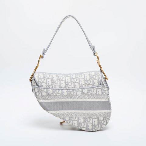 Christian Dior Oblique Embroidered Diary Canvas Saddlebag Shoulder Bag white WS21306