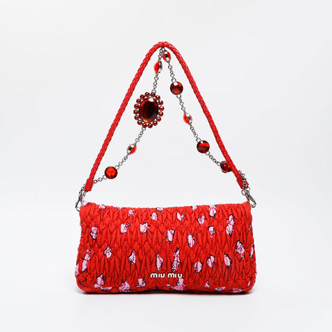 Miu Miu Nylon canvas, Matelasse, Crystal Shoulder Bag Red WS21324