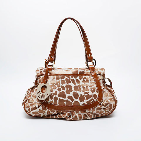 FENDI Leo Bird Pattern Canvas Shoulder Bag Brown WS21336