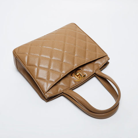 CHANEL No. 3 1996-1997 Caviar Matelasse Tote Handbag beige WS21378