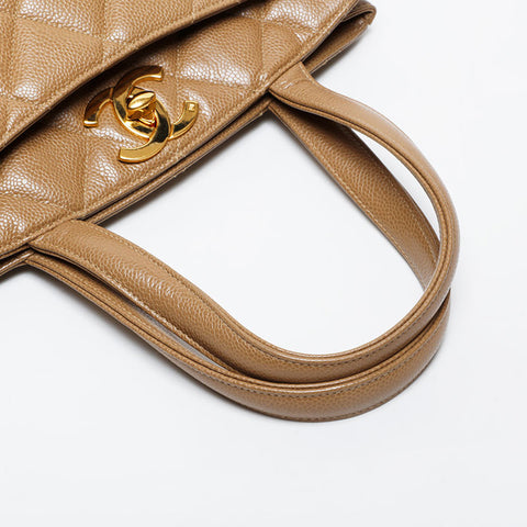 CHANEL No. 3 1996-1997 Caviar Matelasse Tote Handbag beige WS21378