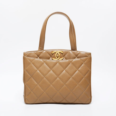 CHANEL No. 3 1996-1997 Caviar Matelasse Tote Handbag beige WS21378