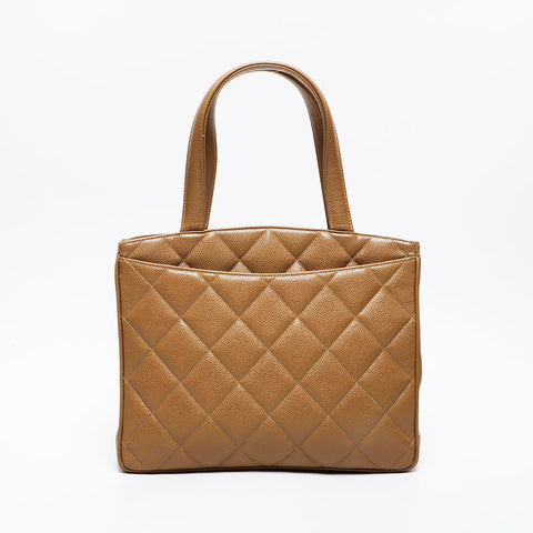 CHANEL No. 3 1996-1997 Caviar Matelasse Tote Handbag beige WS21378