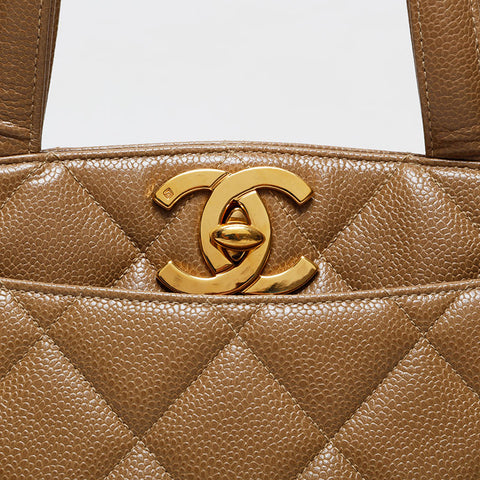 CHANEL No. 3 1996-1997 Caviar Matelasse Tote Handbag beige WS21378