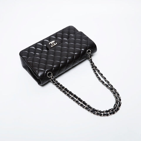 CHANEL 19th Series 2014 Lambskin Matelasse Double Flap 9.8" Chain Silver Metal Shoulder Bag black WS21381