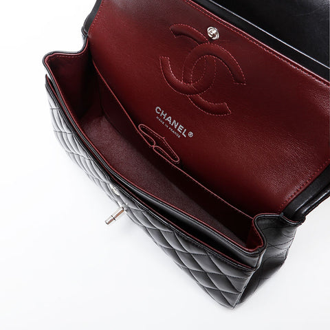 CHANEL 19th Series 2014 Lambskin Matelasse Double Flap 9.8" Chain Silver Metal Shoulder Bag black WS21381