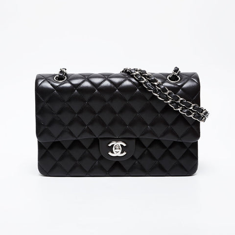 CHANEL 19th Series 2014 Lambskin Matelasse Double Flap 9.8" Chain Silver Metal Shoulder Bag black WS21381