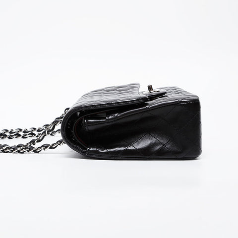CHANEL 19th Series 2014 Lambskin Matelasse Double Flap 9.8" Chain Silver Metal Shoulder Bag black WS21381