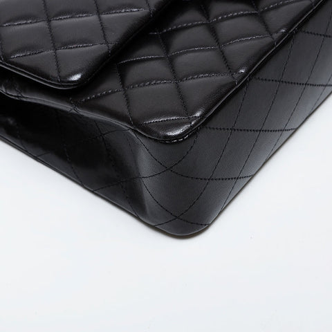 CHANEL 19th Series 2014 Lambskin Matelasse Double Flap 9.8" Chain Silver Metal Shoulder Bag black WS21381