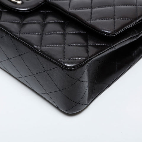 CHANEL 19th Series 2014 Lambskin Matelasse Double Flap 9.8" Chain Silver Metal Shoulder Bag black WS21381