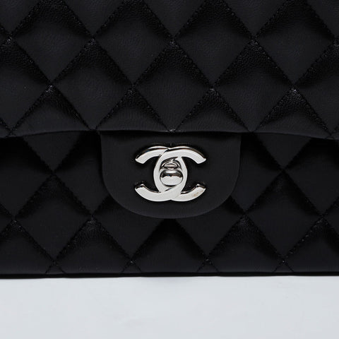 CHANEL 19th Series 2014 Lambskin Matelasse Double Flap 9.8" Chain Silver Metal Shoulder Bag black WS21381