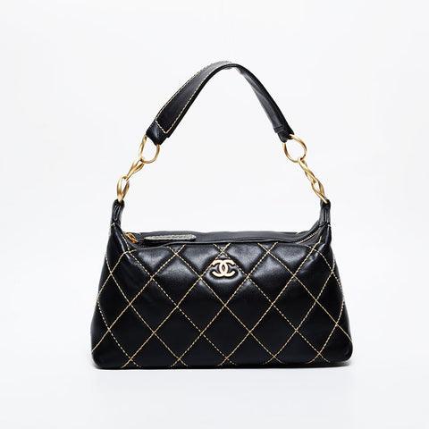 CHANEL No. 9 2004-2005 Lambskin Wild Stitch Shoulder Bag black WS21384