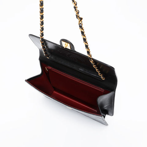 CHANEL No. 5 1997-1999 Push Lock Flap Lambskin Chain Shoulder Bag black WS21386