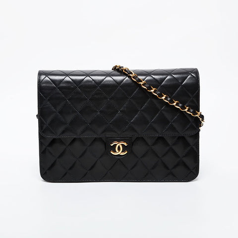 CHANEL No. 5 1997-1999 Push Lock Flap Lambskin Chain Shoulder Bag black WS21386