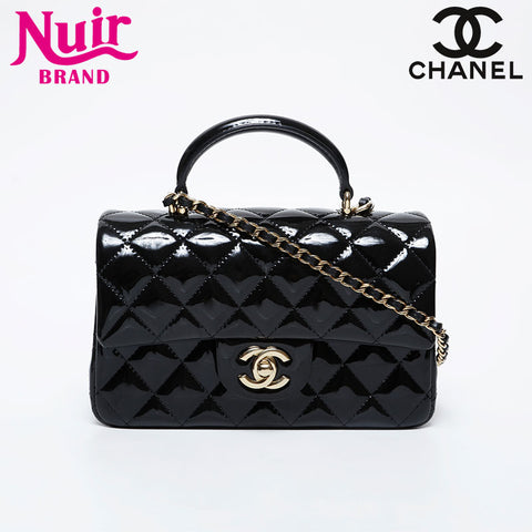 CHANEL 2020-2025 Patent Leather 2-Way Top Handle Chain Small Shoulder Bag black WS21400