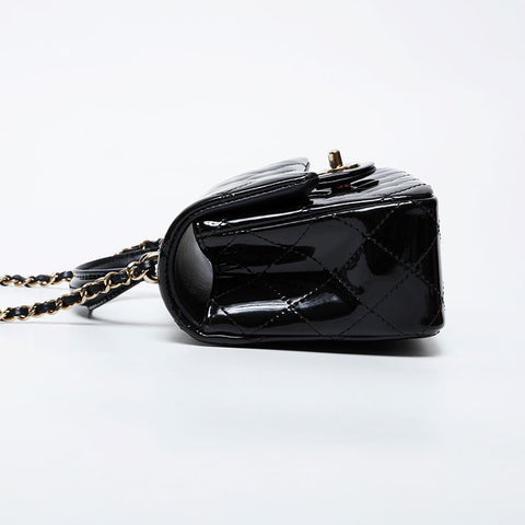 CHANEL 2020-2025 Patent Leather 2-Way Top Handle Chain Small Shoulder Bag black WS21400