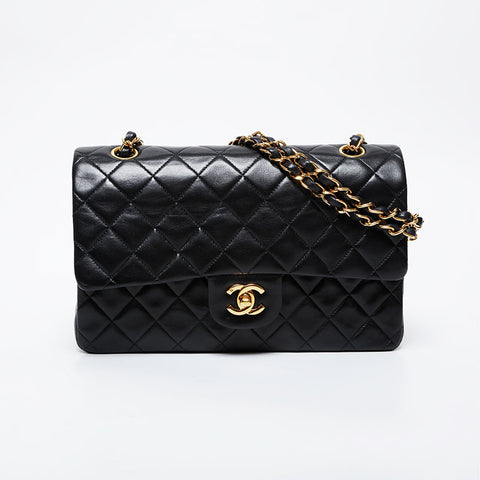 CHANEL No. 5 1997-1999 Matelasse 9.8" Lambskin Double Flap Shoulder Bag black WS21401