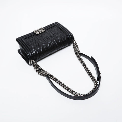 CHANEL No. 18 2013-2014 Medium Boy Lambskin Silver Metal Gunmetal Shoulder Bag black WS21407