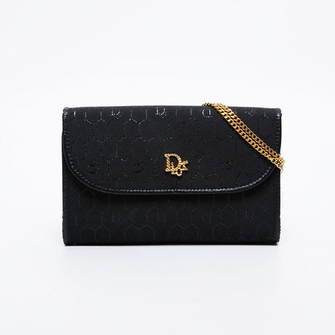Christian Dior Honeycomb Pattern Canvas Chain Shoulder Bag black WS21438