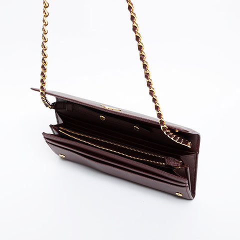 PRADA Saffiano Leather Chain Wallet Shoulder Bag Brown WS21443