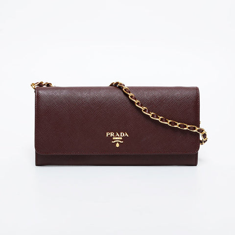 PRADA Saffiano Leather Chain Wallet Shoulder Bag Brown WS21443