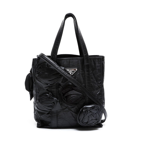 PRADA Leather Flower Mini Tote 2-way Antique Nappa Leather Handbag black WS21444