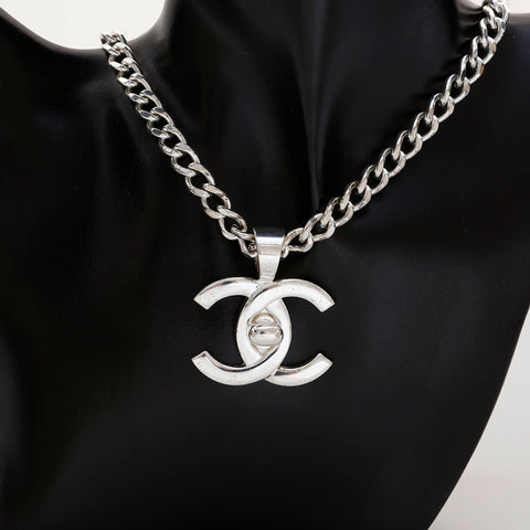 CHANEL 97P 1997P COCO Mark Turn Lock Necklace Silver WS21497