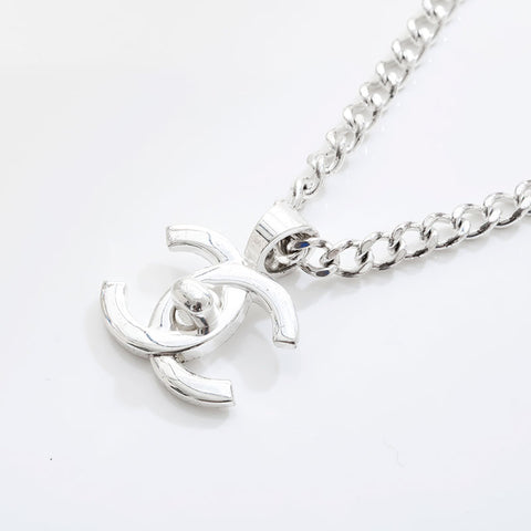 CHANEL 97P 1997P COCO Mark Turn Lock Necklace Silver WS21497