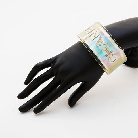 CHANEL 97P 1997 Bangle Logo Clear bracelet Silver WS21512
