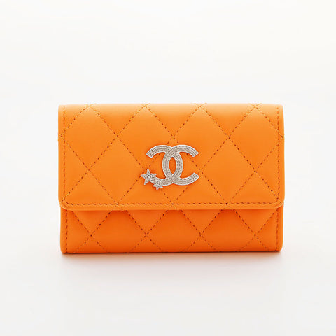 CHANEL Lambskin COCO Mark Matelasse Business Card Case Card Case Orange WS21533