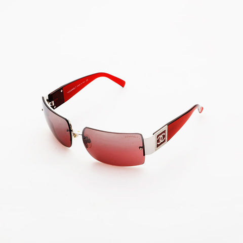 CHANEL Rimless Mini COCO Mark Rhinestone sunglasses Red WS21534