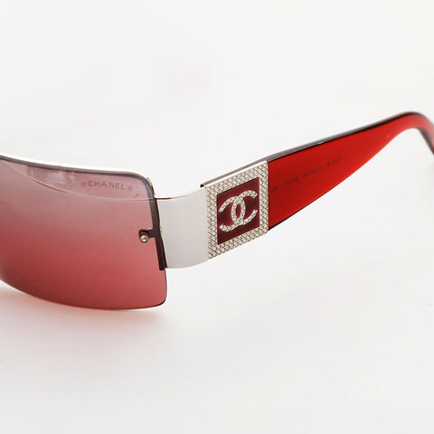 CHANEL Rimless Mini COCO Mark Rhinestone sunglasses Red WS21534