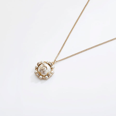 CHANEL B18B 2018 COCO Mark Pearl Rhinestone Necklace gold WS21564