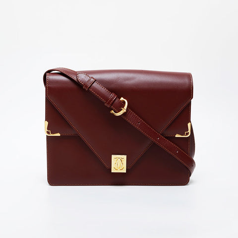 CARTIER Leather double flap Mustodo Shoulder Bag Red WS21573