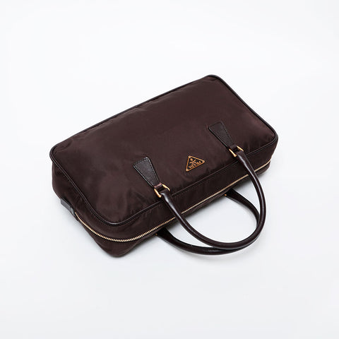 PRADA Nylon Triangle Logo Boston Bag Handbag Brown WS21583