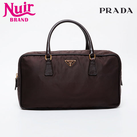 PRADA Nylon Triangle Logo Boston Bag Handbag Brown WS21583