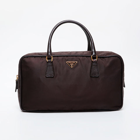 PRADA Nylon Triangle Logo Boston Bag Handbag Brown WS21583