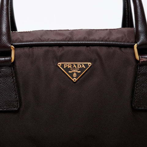 PRADA Nylon Triangle Logo Boston Bag Handbag Brown WS21583