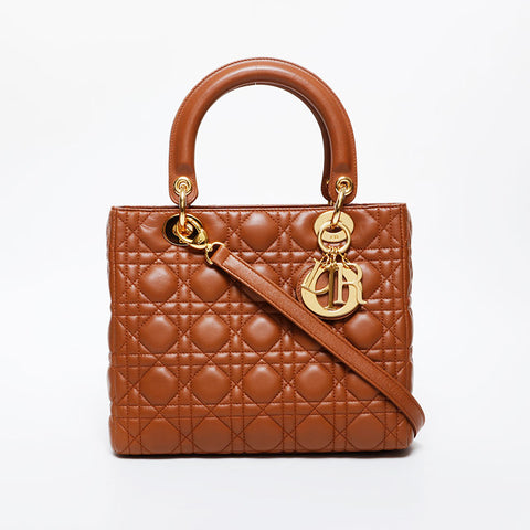 Christian Dior Lambskin Lady Dior Small 2way Handbag Brown WS21602