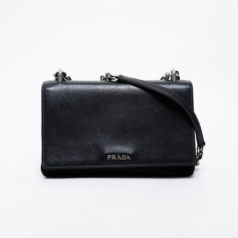 PRADA Nylon Saffiano Leather Chain Shoulder Bag black WS21615