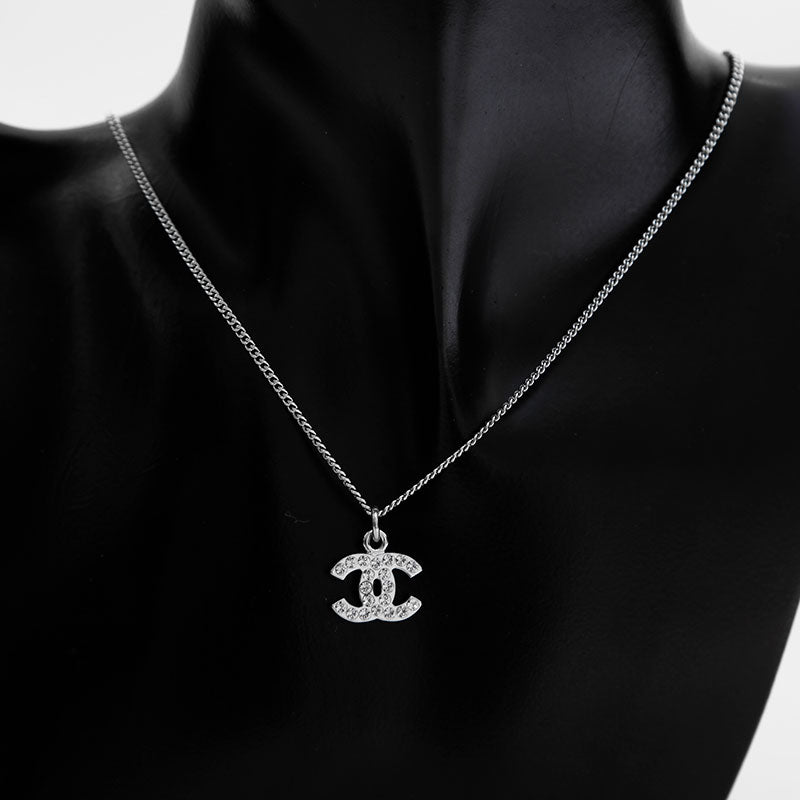 CHANEL 06V COCO Mark Rhinestone Necklace Silver WS21643