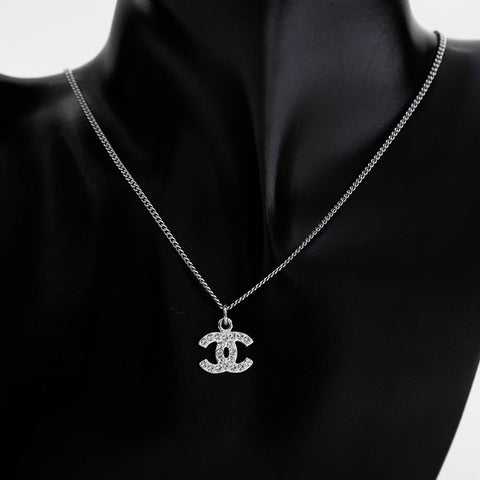CHANEL 06V COCO Mark Rhinestone Necklace Silver WS21643
