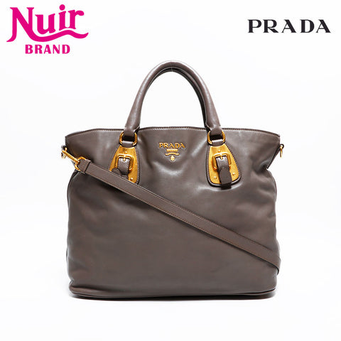 PRADA Leather 2-way tote Handbag Brown WS21648