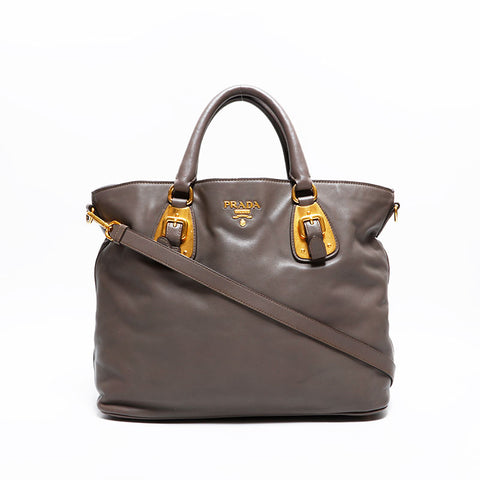 PRADA Leather 2-way tote Handbag Brown WS21648