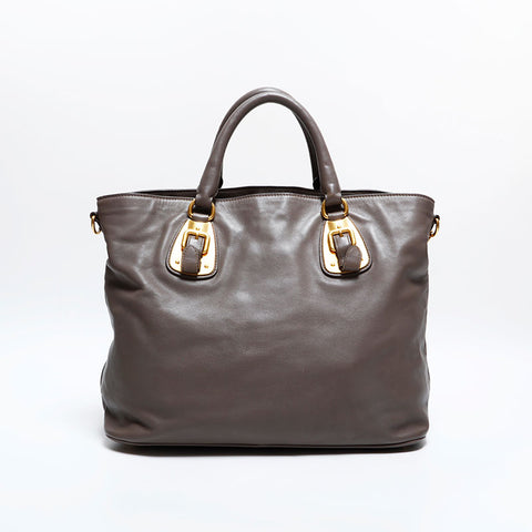 PRADA Leather 2-way tote Handbag Brown WS21648