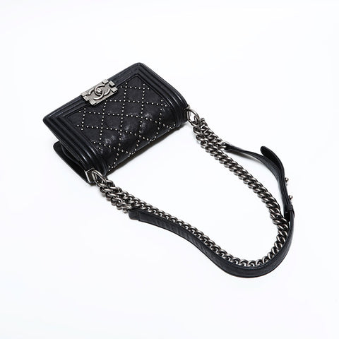 CHANEL Mini Boy Chanel Leather Chain Gunmetallic 21st Series Shoulder Bag black WS21659