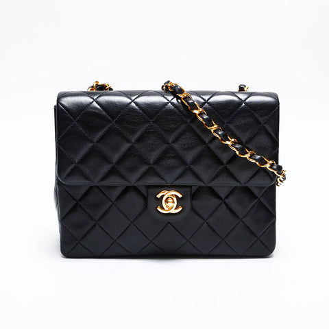 CHANEL 0 Series 1986-1988 Lambskin Mini Matelasse Square Chain Shoulder Bag black WS21662