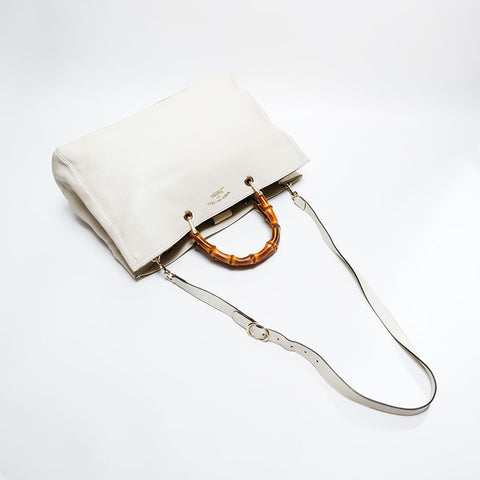 GUCCI Leather Bamboo 2way Shopping Tote Bag white WS21664