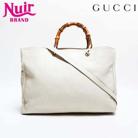 GUCCI Leather Bamboo 2way Shopping Tote Bag white WS21664